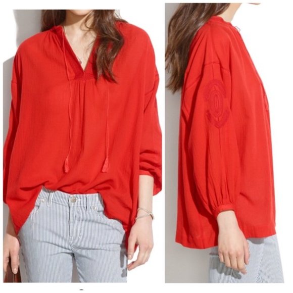 boho peasant tunic red top blouse popover XXS XS - Picture 2 of 12